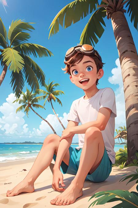407553-2689752386-masterpiece,best quality,1boy,solo,goggles on head,male focus,blue eyes,outdoors,barefoot,shorts,open mouth,smile,looking at vie.png